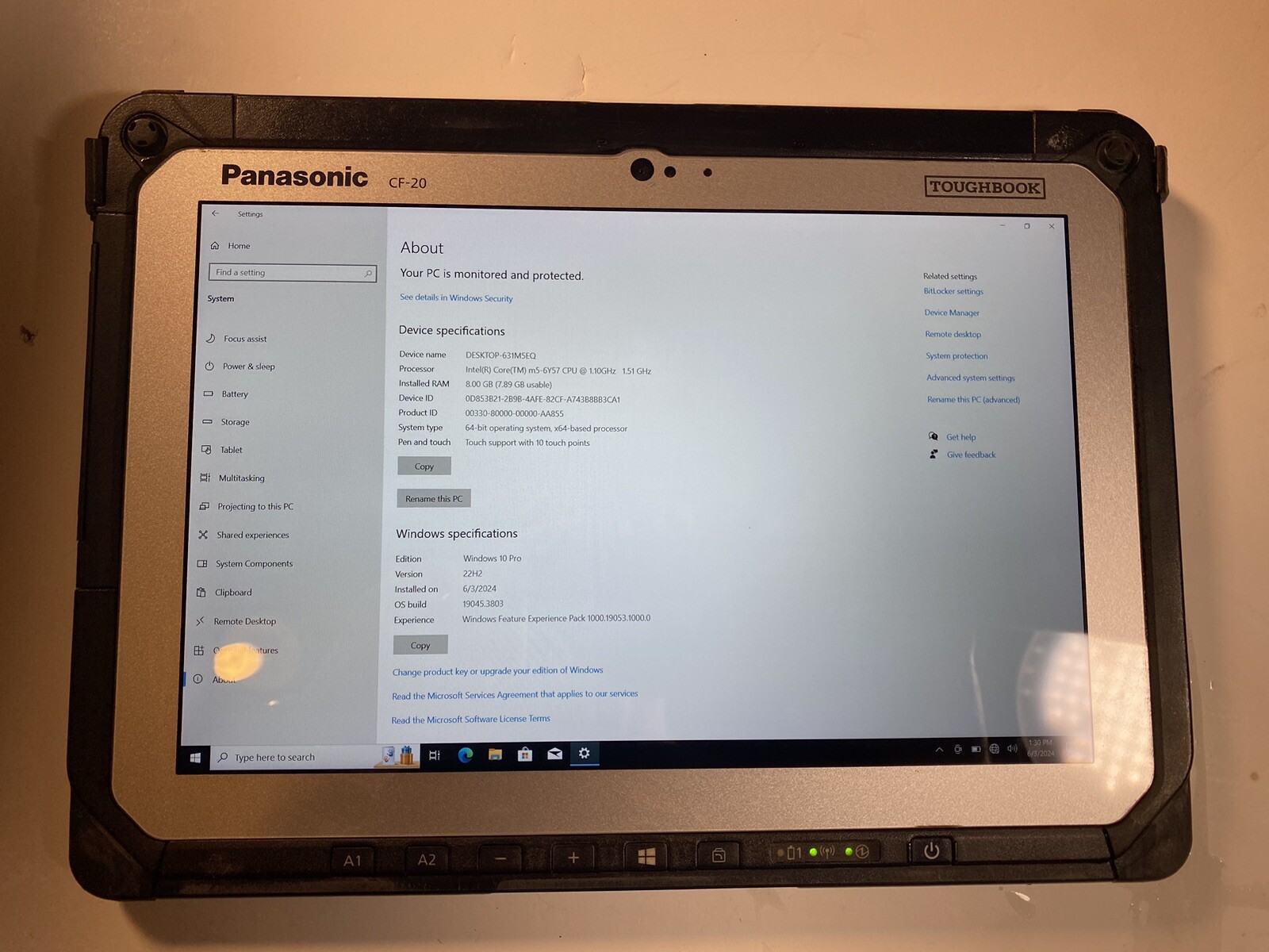 Panasonic ToughBook CF-20 10.1″ Touch M5-6Y57 1.1GHz 8GB 128gb SSD WWAN 4G LTE