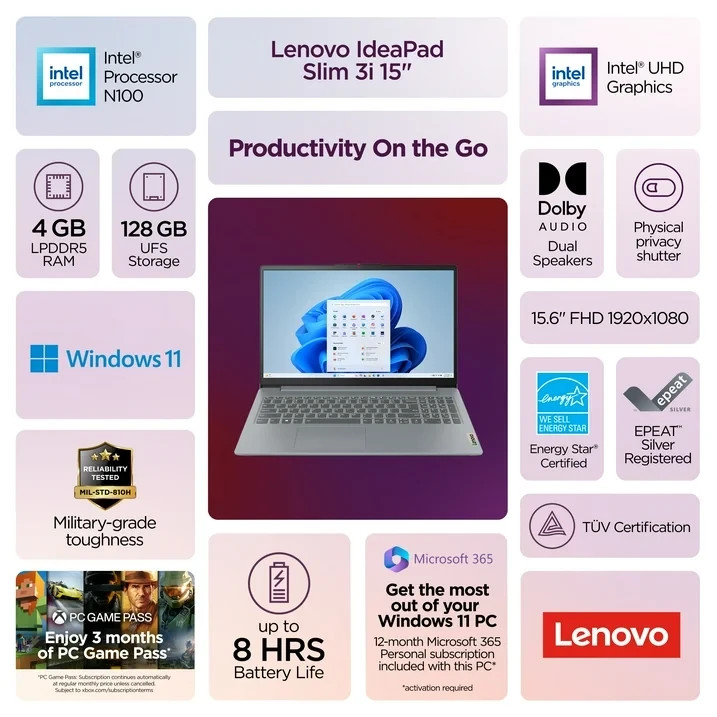 Lenovo SLIM 3 15IAN8 Intel N100 128GB UFS 4GB 15.6″ Laptop WIN11