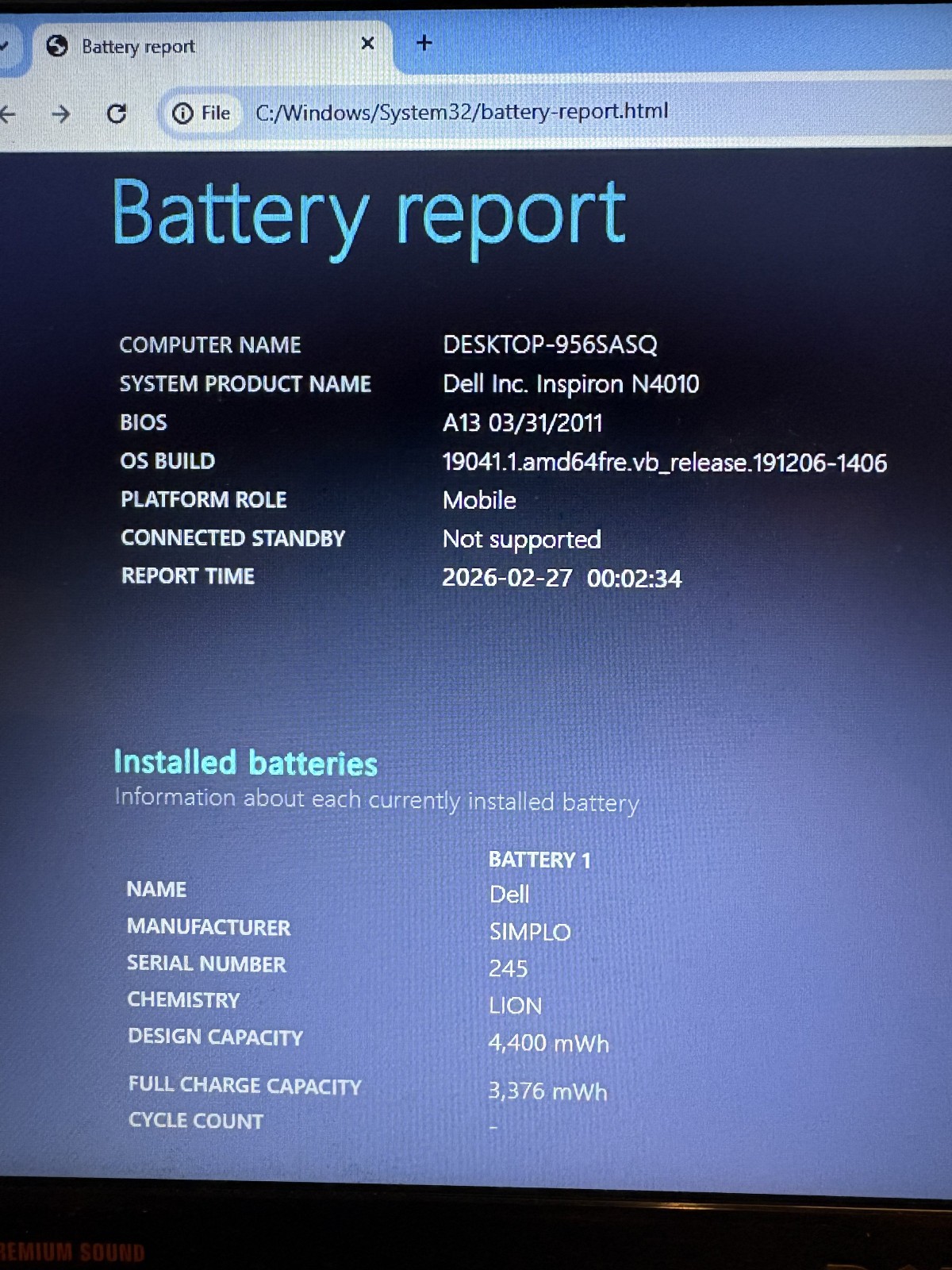 Dell Inspiron N4010 14” Pentium P6100 4GB 120GB SSD Windows 10 Pro Battery NO CD