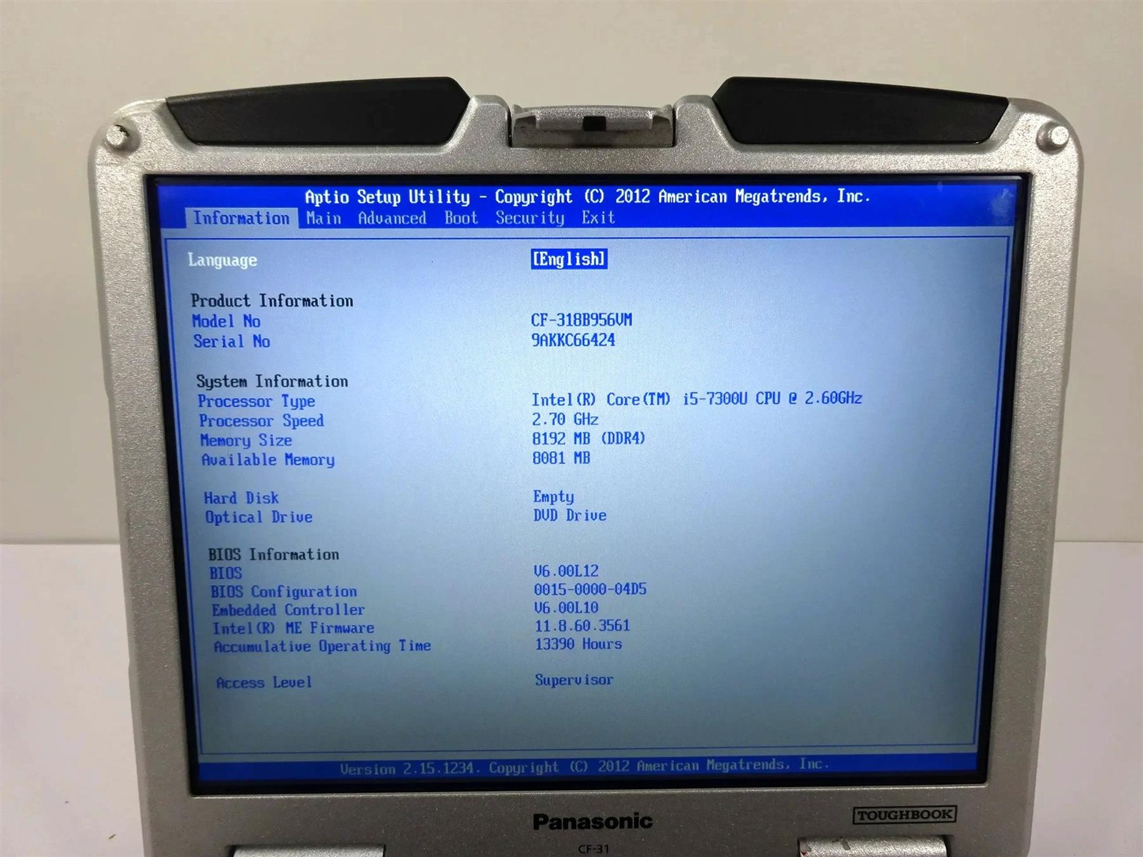 Panasonic Toughbook CF-31 MK6 Core i5-7300U 2.6GHz 8GB RAM – No HDD