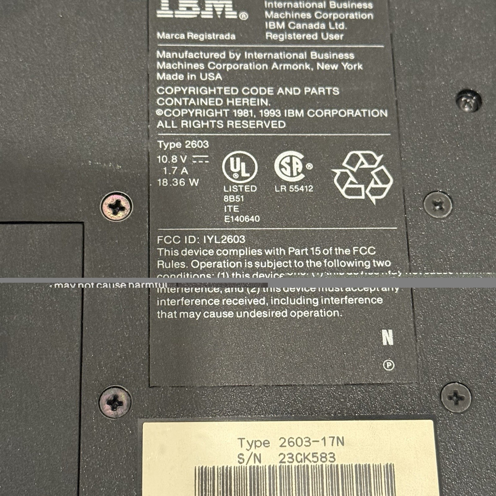 RARE IBM ThinkPad 2603-17n *as Is Untested No Charger*