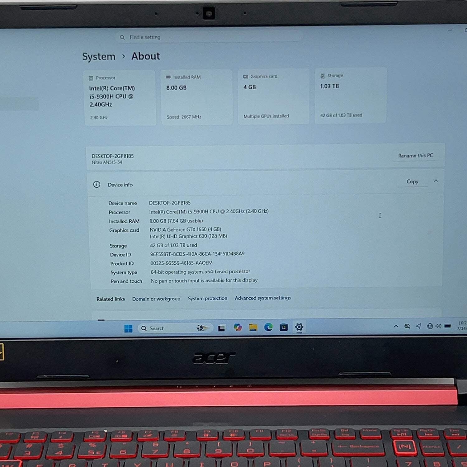 Acer Nitro 5 AN515-54 15.6″ i5-9300H 2.4GHz 8GB RAM 128GB SSD GeForce GTX 1650