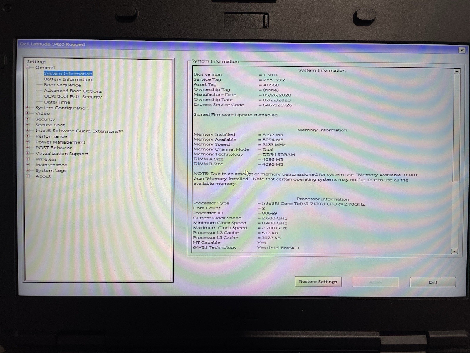 Dell Latitude 5420 Rugged Intel Core i3-7130U@2.70GHz 8GB RAM NO SSD *READ*