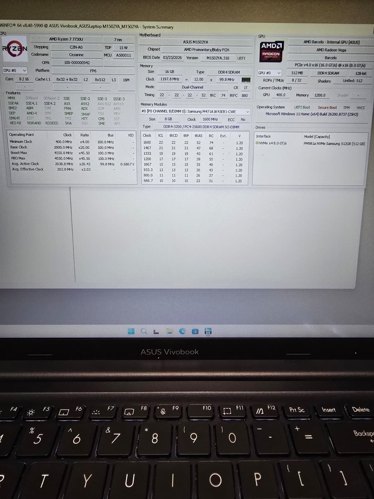 Asus VivoBook 15 M1502 | Ryzen 7 7730U 16GB RAM 512GB NVMe SSD | FHD Backlit