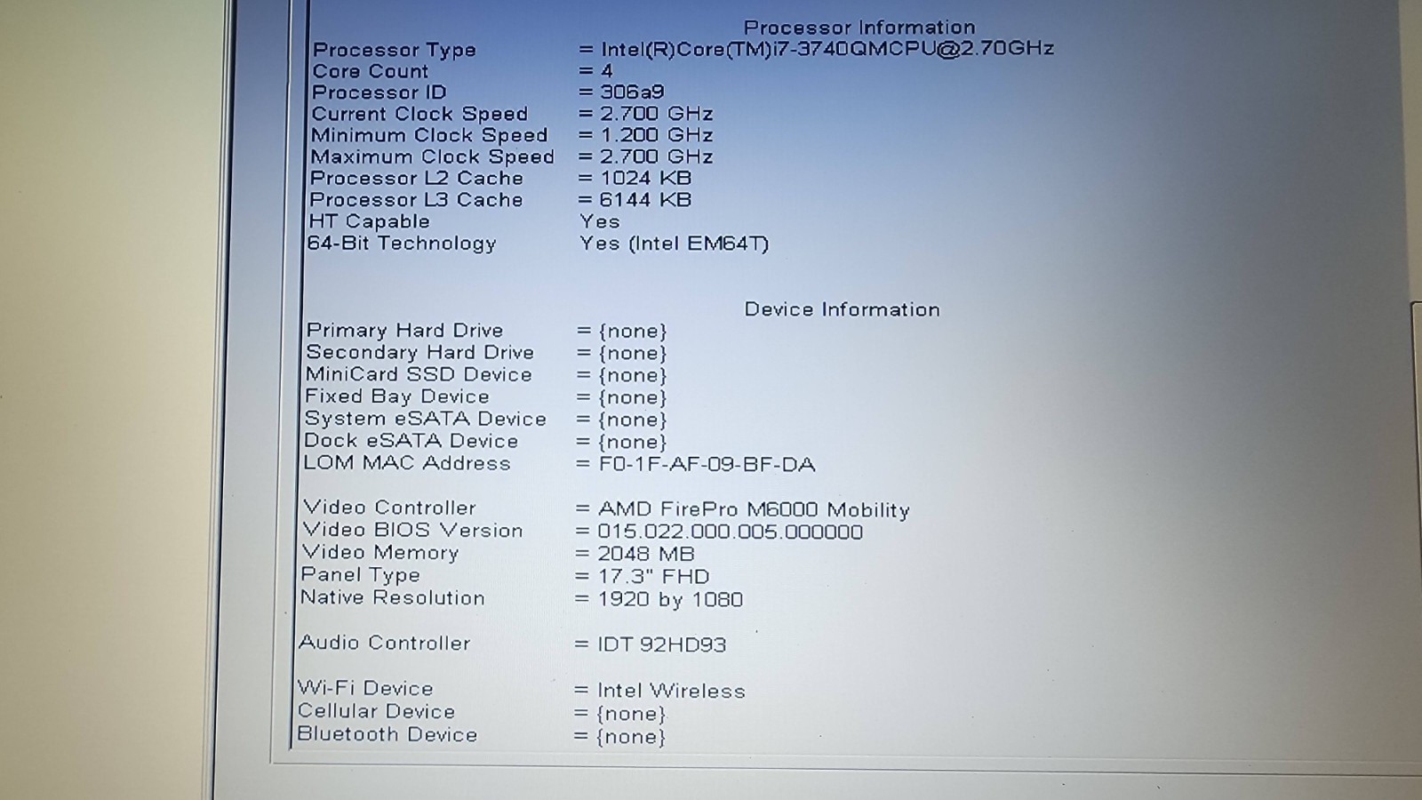Dell Precision M6700 Laptop Intel Core i7-3740QM 16GB 500G HD