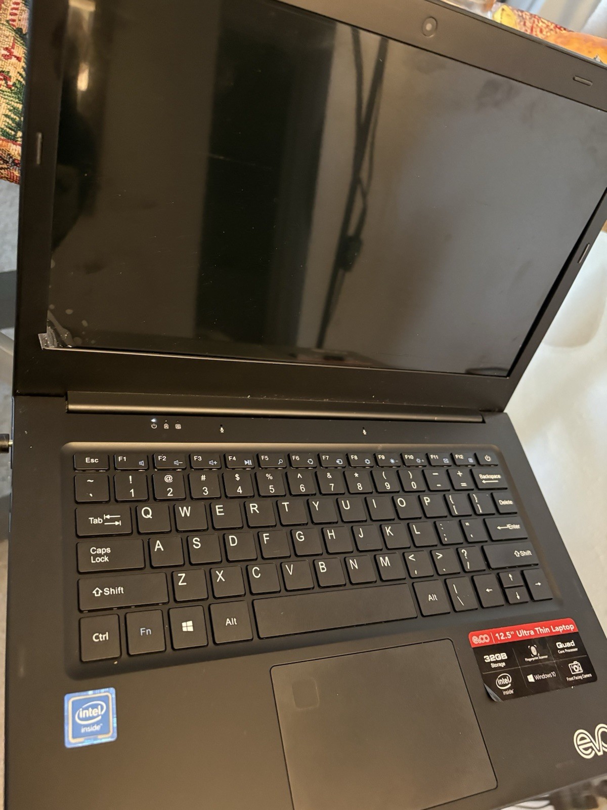 EVOO 12.5″ Ultra Thin Laptop Quad Core Windows 10 32GB Black Fingerprint Camera