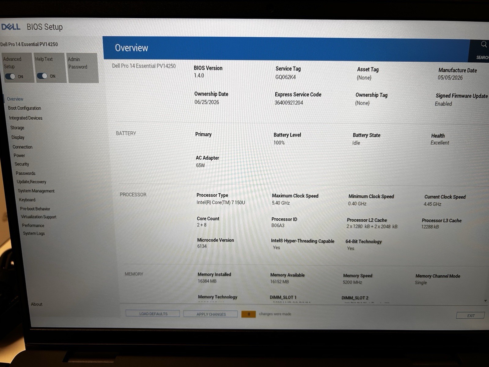 Dell pro 14 essential Pv14250 Core 7 150U 5.4ghz 16GB Ram, 1tb SSD Win 11 Pro