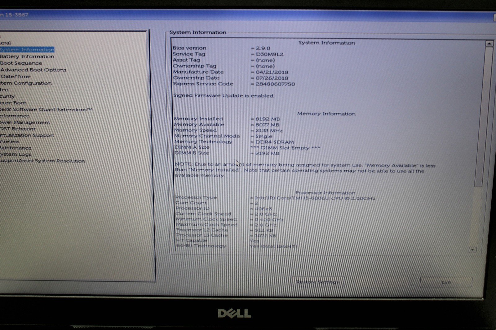Dell Inspiron 15 3567 i3-6006U @ 2.00 GHz 8GB RAM No SSD No OS