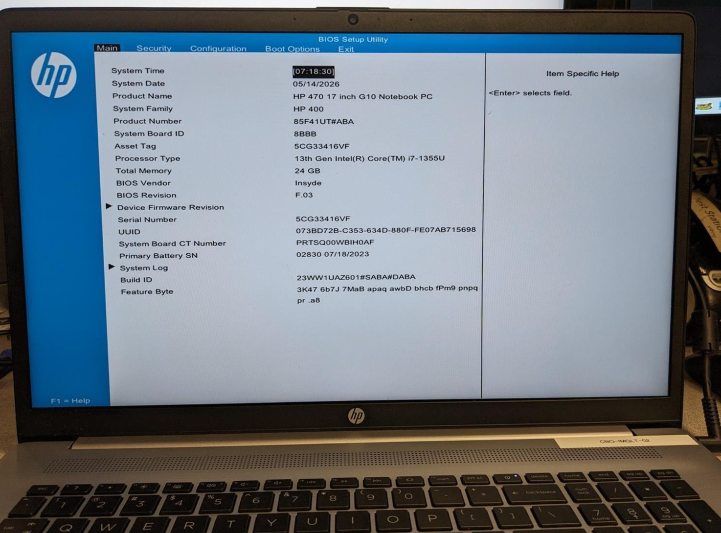 HP 470 G10 i7-1355U @ 1.20GHz, 24GB RAM, NO HDD/OS