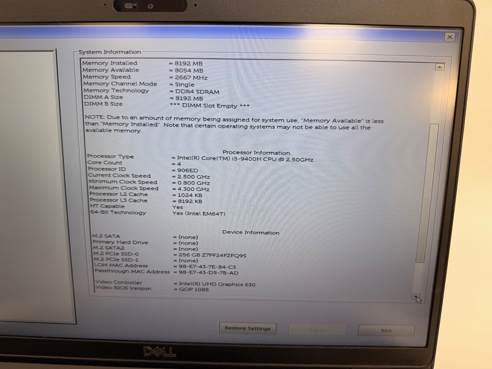 Dell Latitude 5501 i5-9400H 8GB RAM 256GB SSD 15.6″ FHD Win11 Pro Laptop
