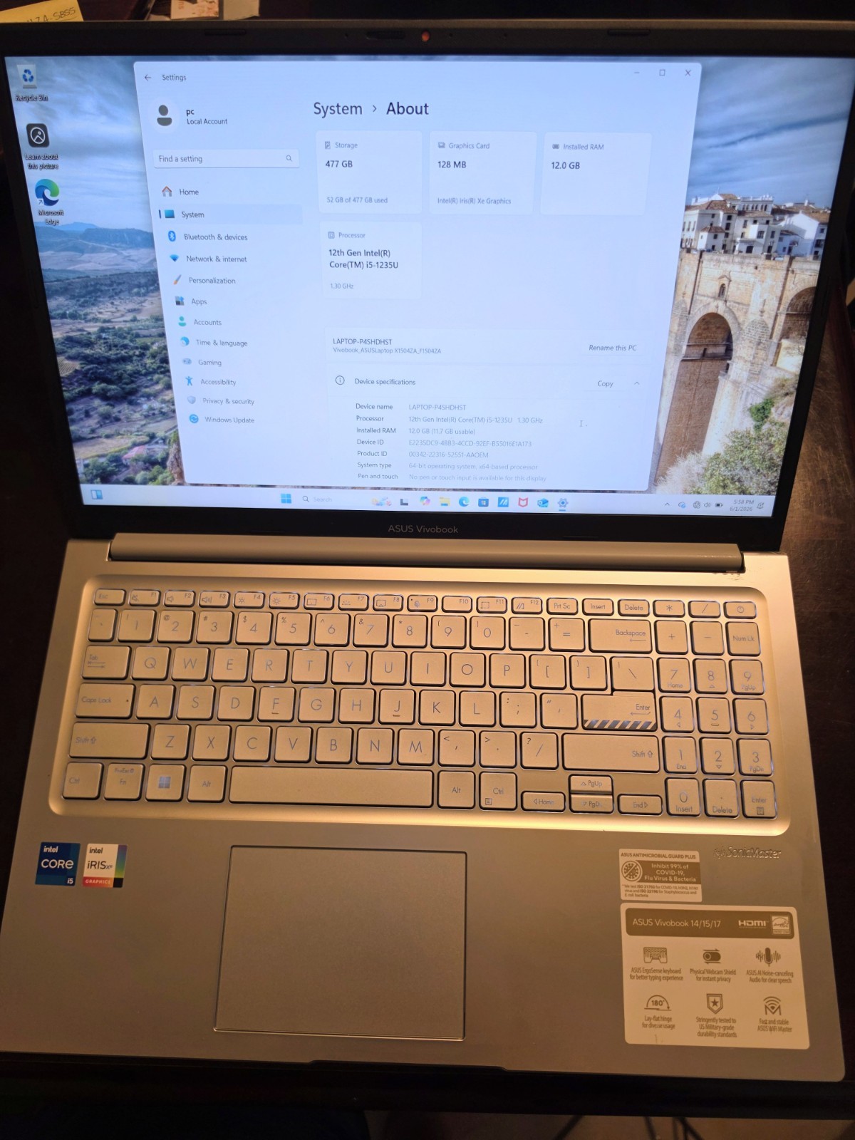 Asus Vivobook 15.6″ i5-1235U 12GB 512GB SSD
