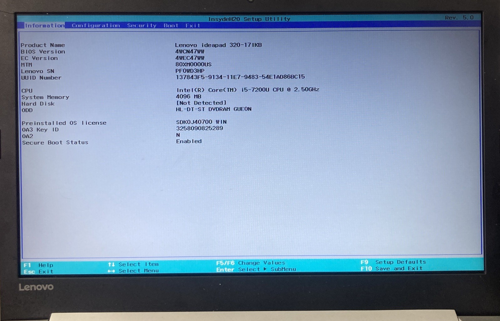 Lenovo Ideapad 320S-14IKB i5-7200U 2.50GHz 4GB RAM No HDD Boot to BIOS