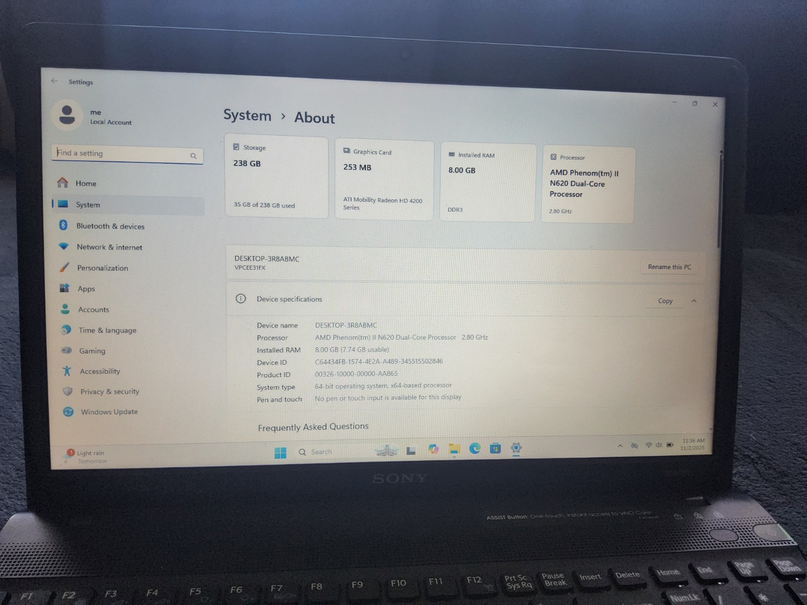 Laptop Sony Vaio PCG-61611L 15.6″ Wind 11 AMD Phenom II 2.8GHz 256GB SSD 8GB RAM