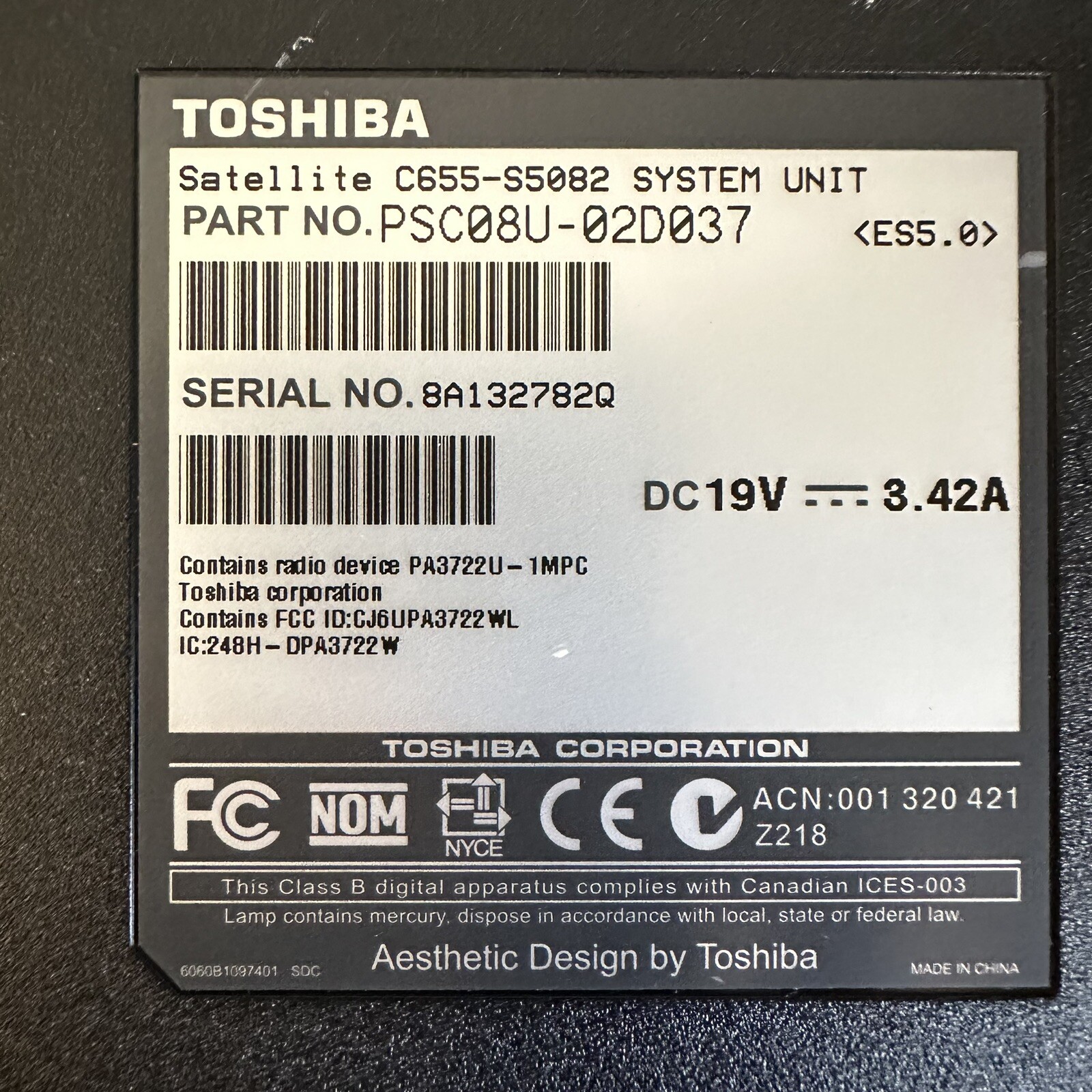 15.6” Toshiba Laptop C655-S5082 Celeron 2.20GHz 2GB RAM 300GB HDD For Parts