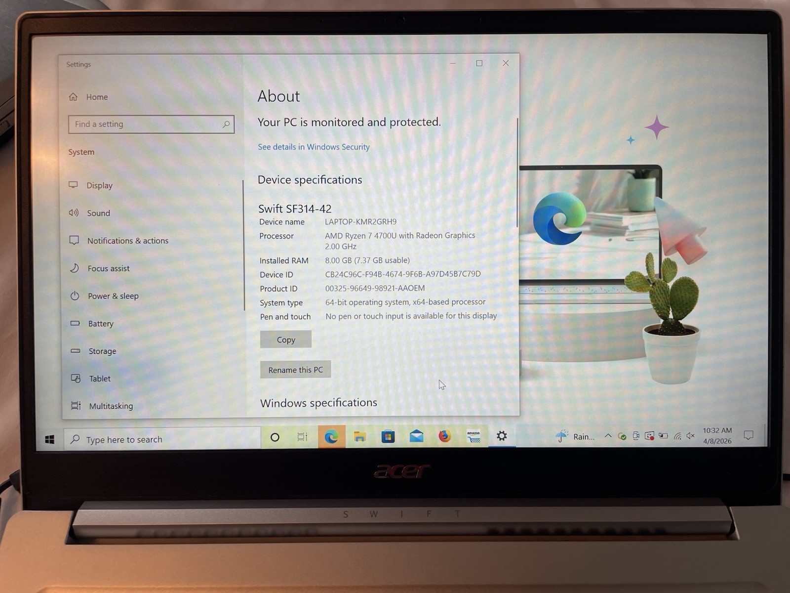 Acer Swift 3 SF314-42 8gb- 512gb SSD Ryzen 7 4700u 14″ Great Battery