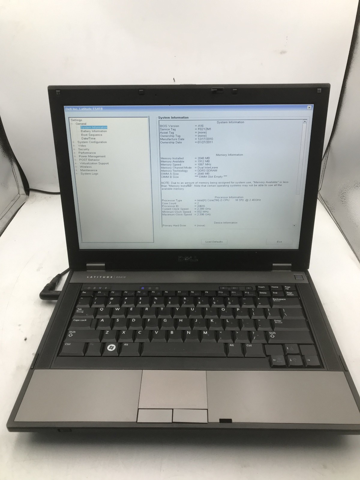 DELL LATITUDE E5410 – BOOTS TO BIOS – INTEL I3 M370 – NO RAM – READ DESCRIP – BB