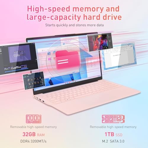 15.6″ FHD Laptop, 32GB RAM + 1TB SSD, WiFi 5/ USB 3.0/ Full USB-C/HDMI, Pink