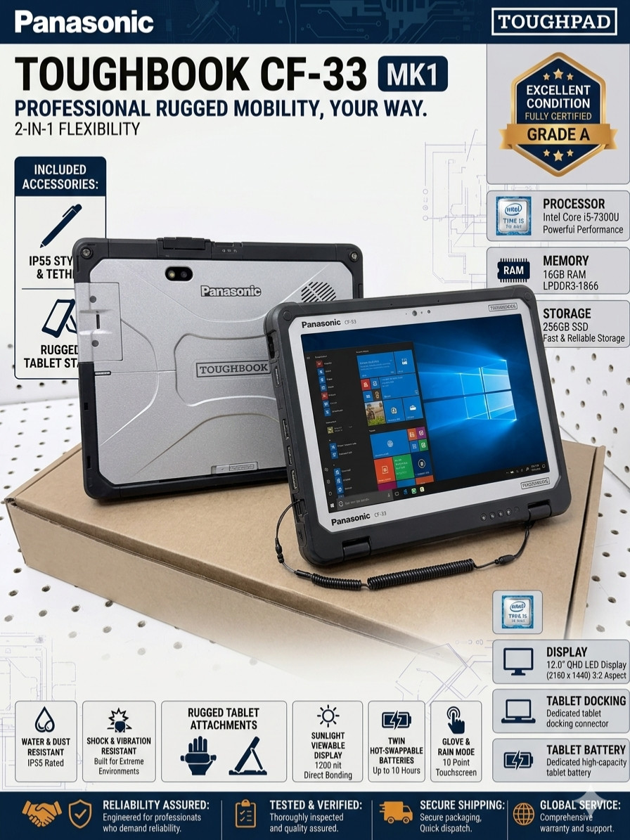 Panasonic Toughbook CF-33 12.1″ Touch 2.6GHz Core i5-7300U 16GB 256GB SSD Tablet