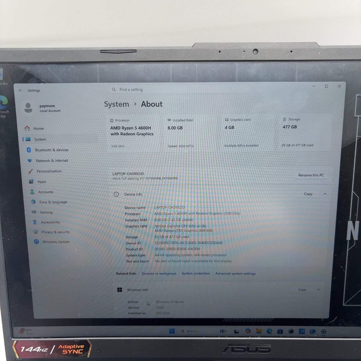 Asus TUF A17 17.3″ Ryzen 5 4600H 3.0GHz 8GB RAM 512GB SSD GeForce GTX 1650