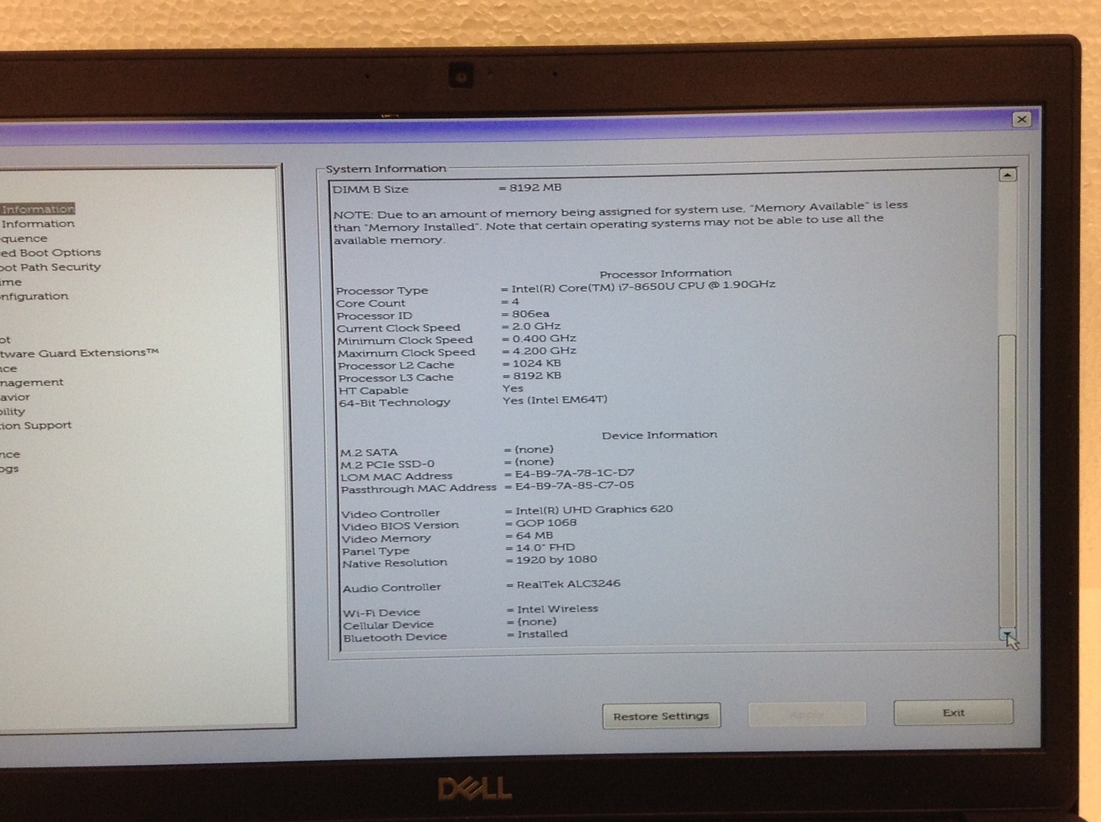 Dell Latitude 7490 Laptop i7-8650U 1.90GHz 14″ FHD Webcam WiFi No RAM No AS / IS