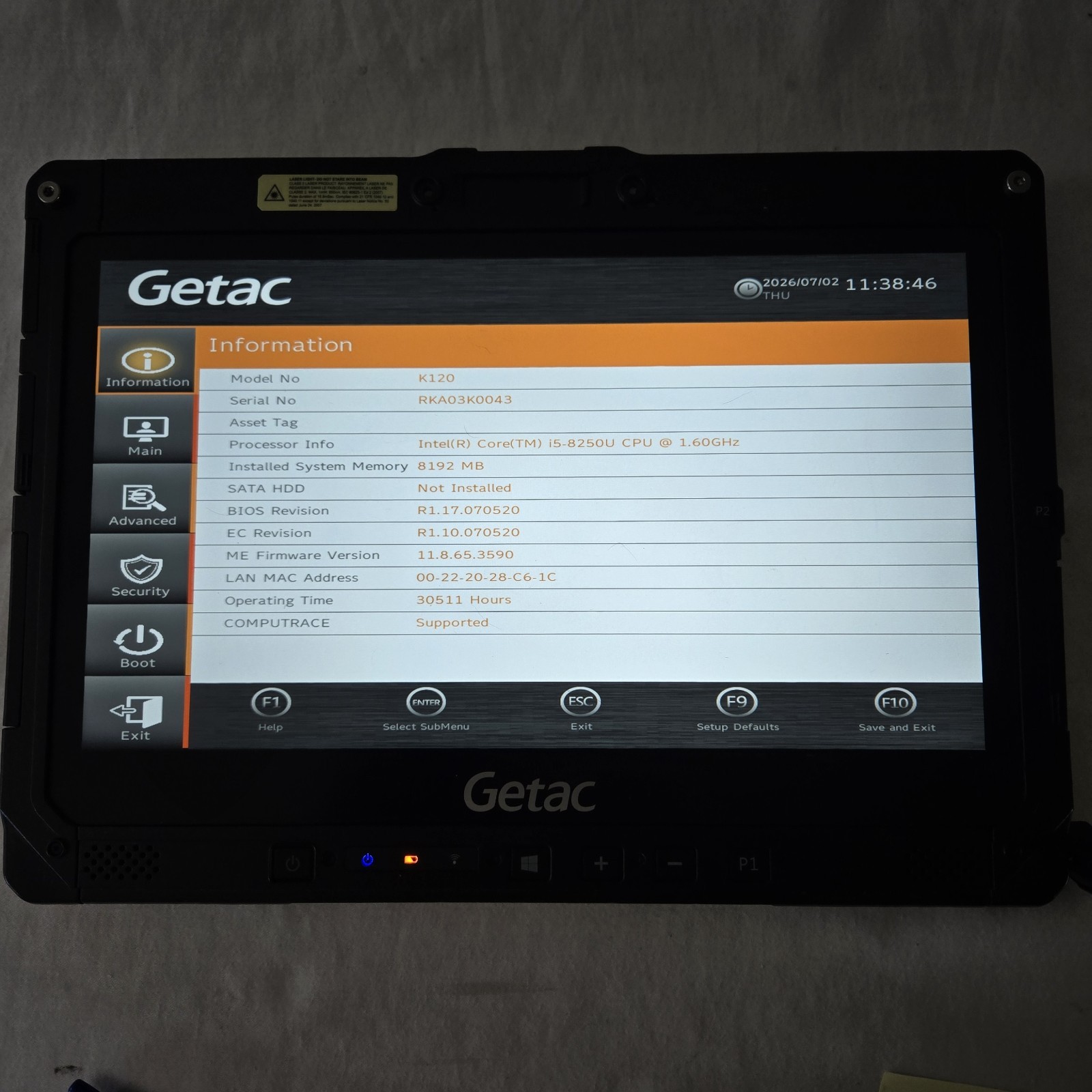 Getac K120 Toughbook i5-8250U 1.6GHz 8GB Ram NO SSD/CADDY – GPS – 4G – Fan Noise