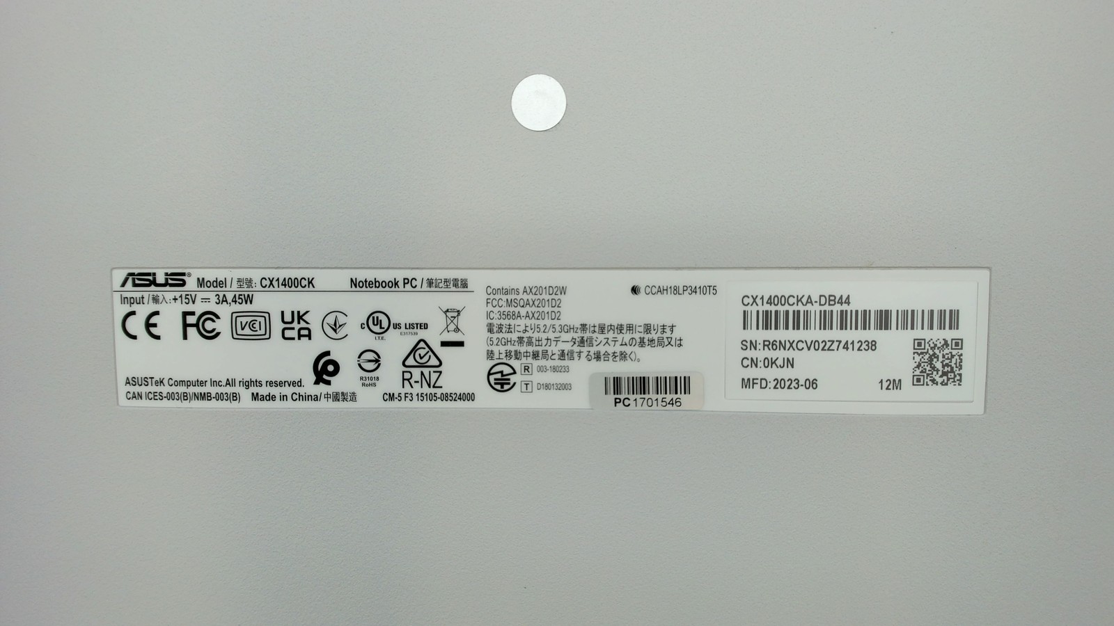 Asus Chromebook CX1 14″ Intel Celeron N4500 4GB 64GB CX1400CKA-DB44 PC1701546