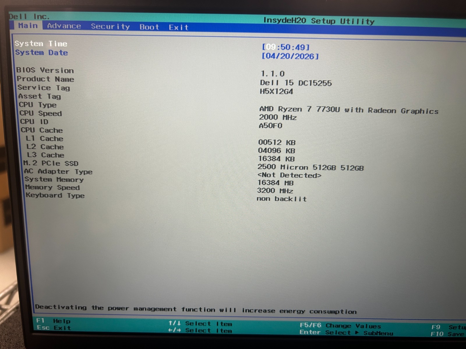 DELL 15 DC15255 G8MK9, AMD Ryzen 7 7730U, 2.00 GHz, 16 GB RAM, 512 GB NVMe