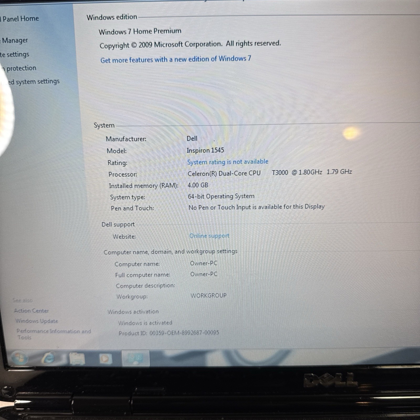 Dell Inspiron 1545 Windows 7 Laptop 500GB HD 4GB RAM Intel Dual Core DVD/CD