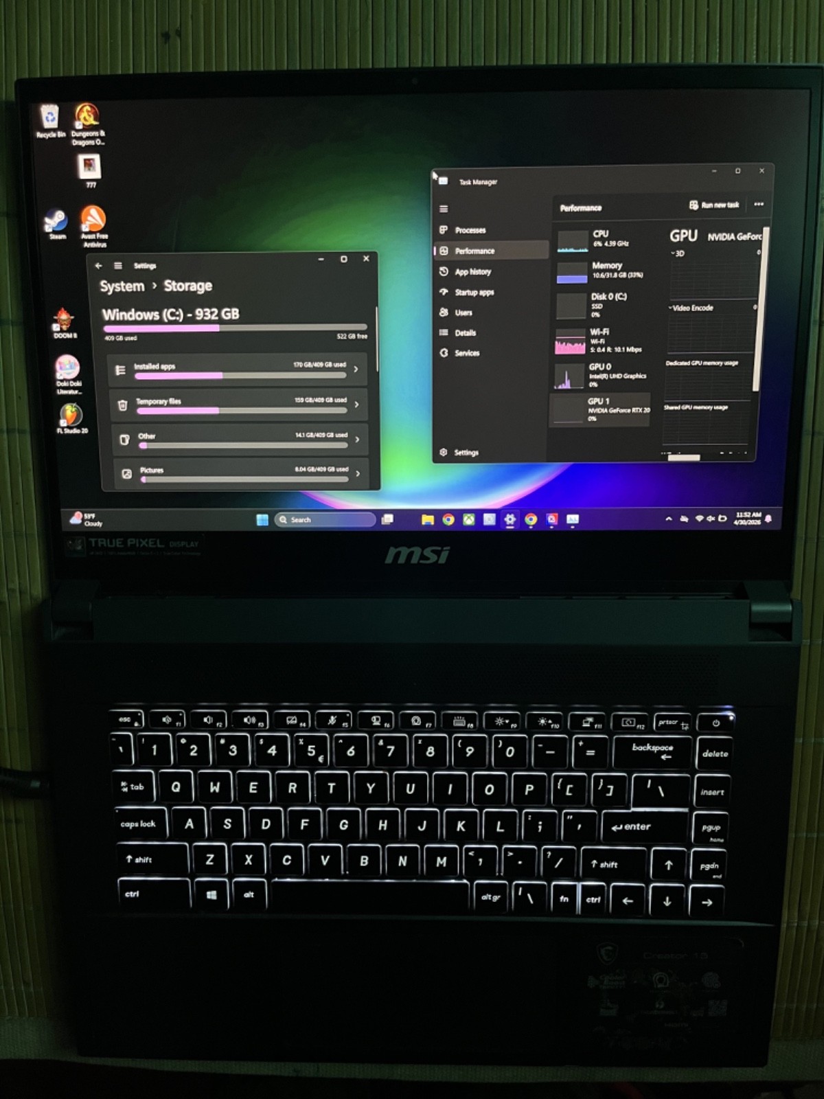 MSI Creator 15 4K Laptop– i7, 32GB, RTX 2070 Super, 1TB SSD, Excellent