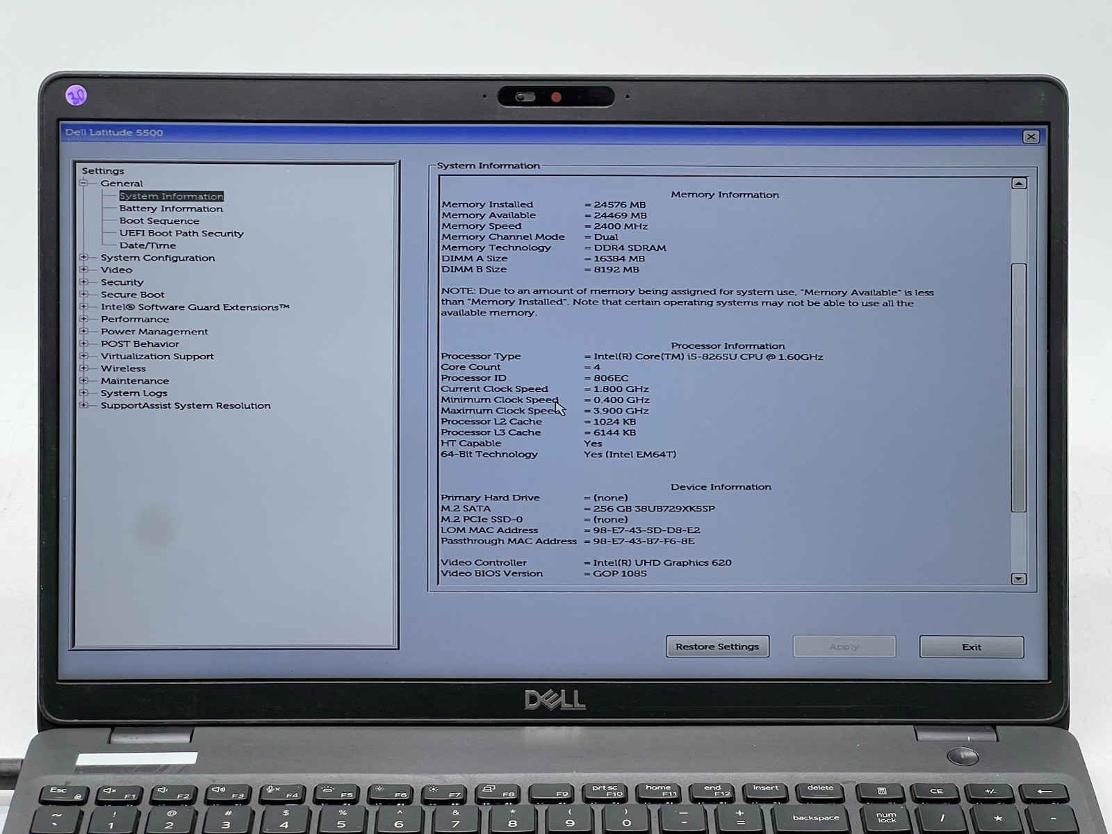 Dell Latitude 5500, i5-8265U, @1.60GHz, 24GB RAM, 256GB SSD, No OS , w/Charger