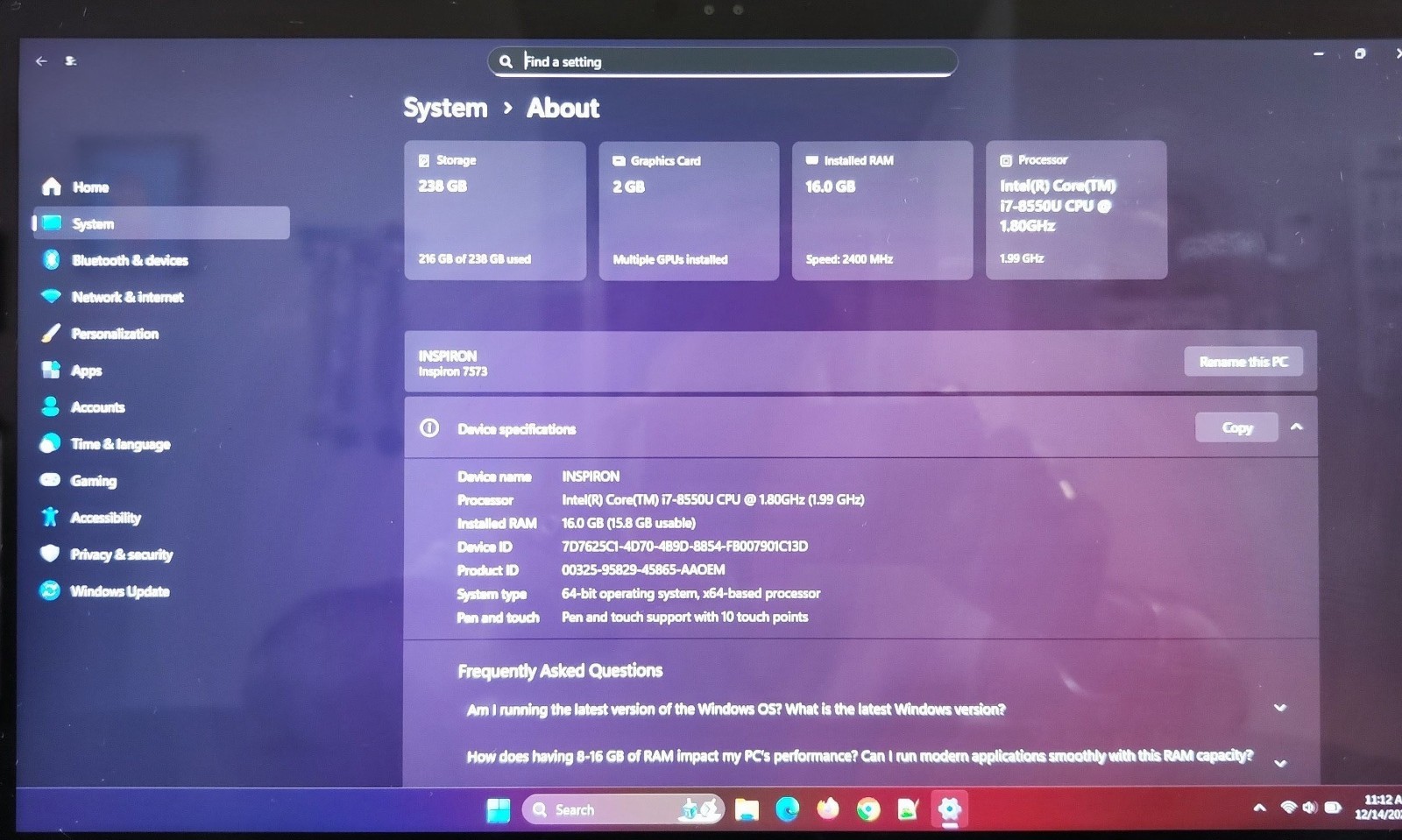 Dell Inspiron 7573 15.6″ Touch Laptop 8th i7-8550U 1.80GHz 16GBRAM 256GBSSD