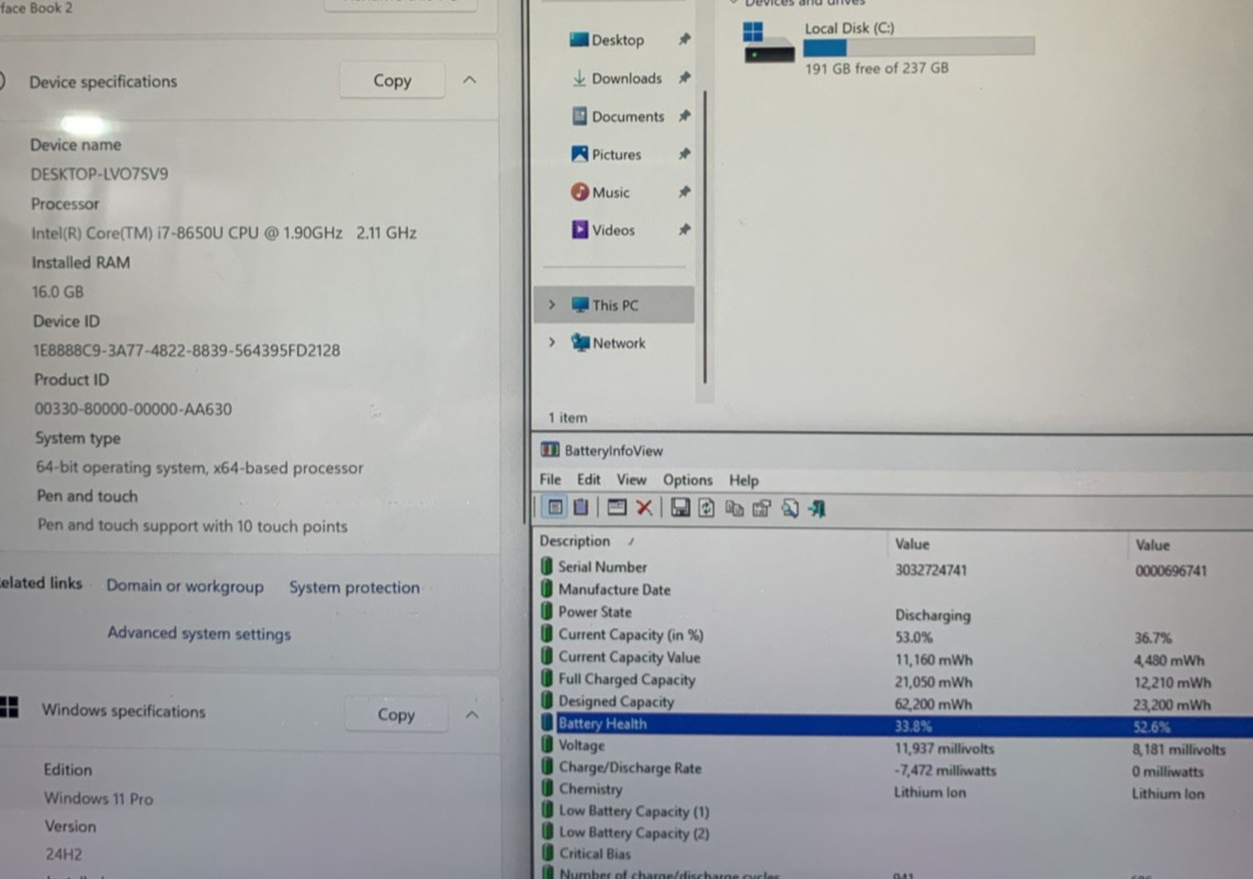 Microsoft Surface Book 2, Intel i7-8650U@1.9GHz, 16GB RAM, 256GB SSD, Win11P