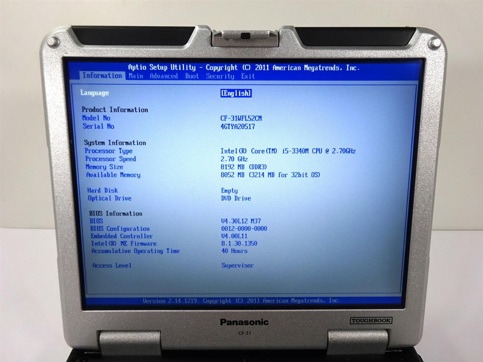 Panasonic CF-31 Core i5-3340M 2.7GHz 8GB DDR3 – No HDD – Usage : 40 Hours