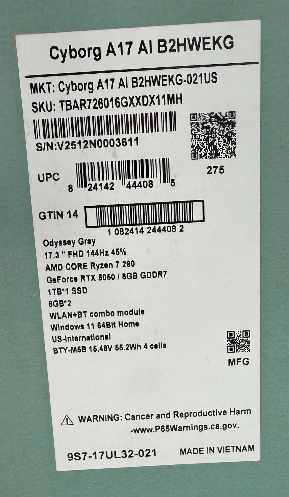 MSI Cyborg A17 AI B2HWEKG-021US 17.3″ Ryzen 7 RTX 5050 16GB 1TB
