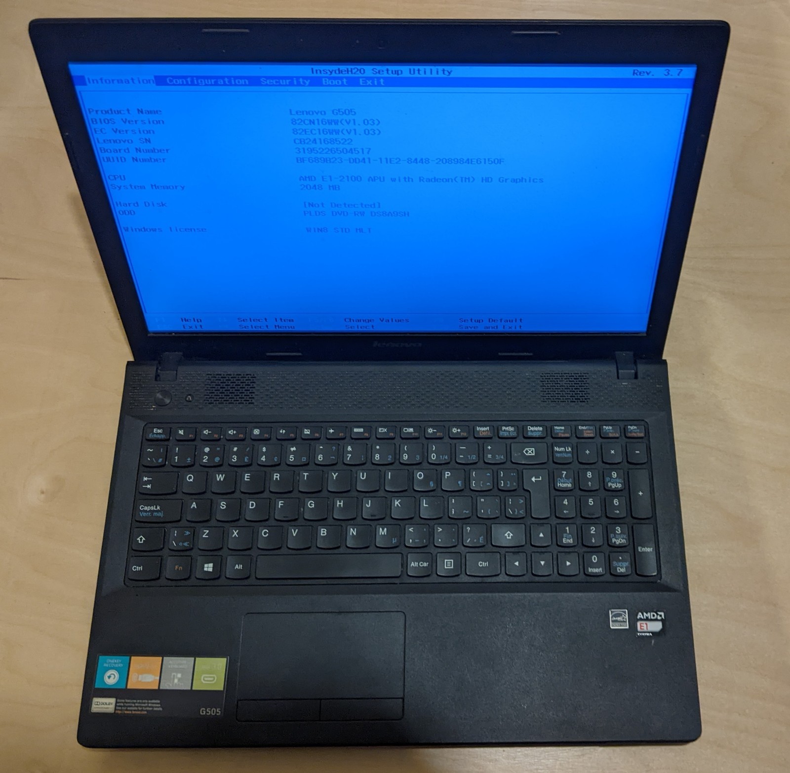 Lenovo G505 20240 Laptop Notebook AMD E1-2100 1GHz 2GB Ram NO HDD NO AC Charger