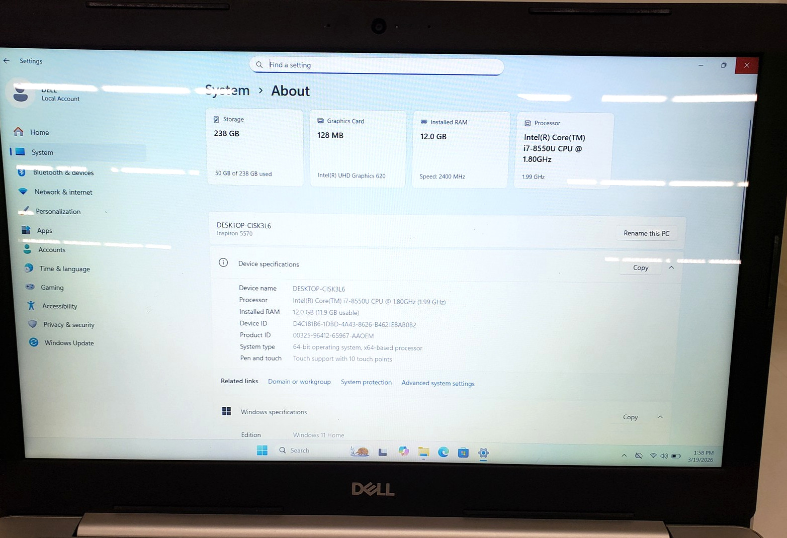 Dell Inspiron 5570 Intel i7-8850U 12GB RAM 256GB SSD 15″ Win 11 Home Laptop PC.