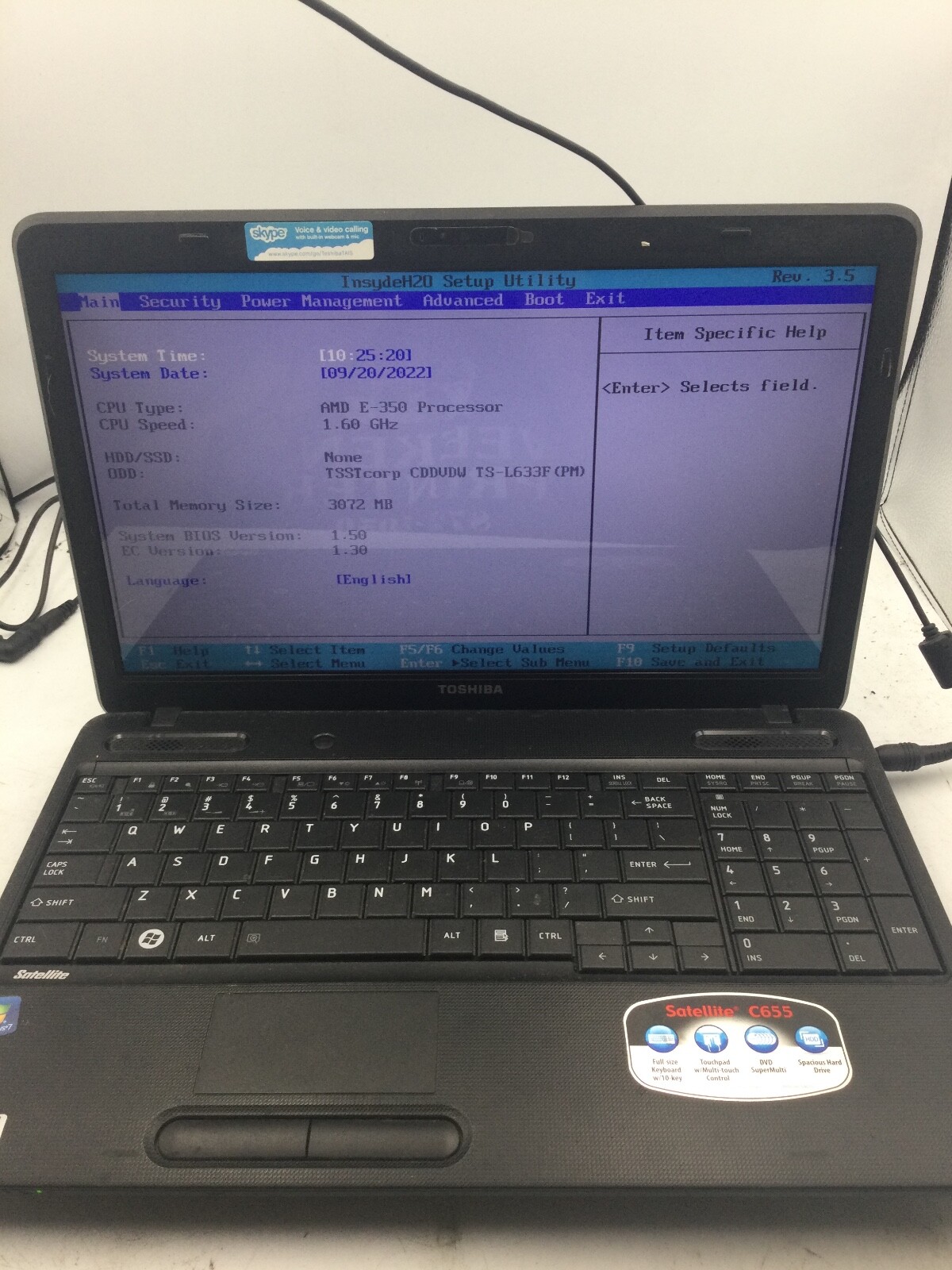TOSHIBA SATELLITE C655D – BOOTS TO BIOS – AMD E 350 – 3GB RAM – 15″ – READ – BB!