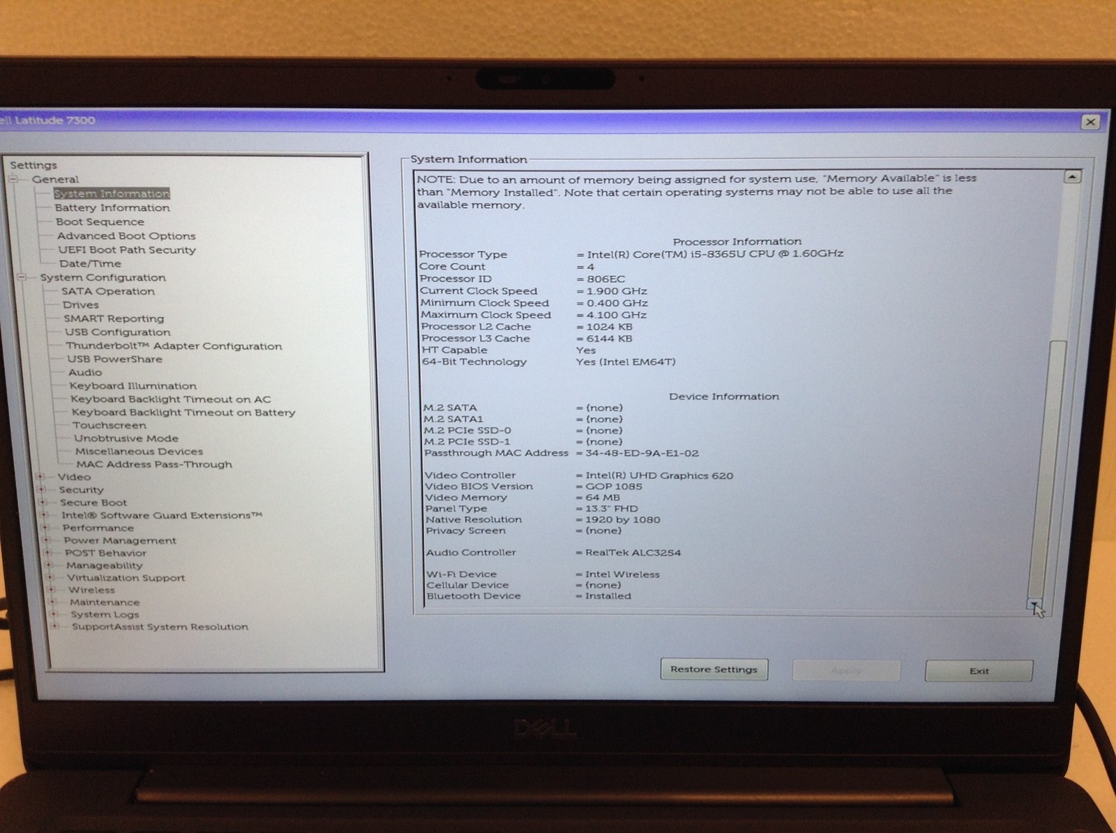 Dell Latitude 7300 i5-8365U 1.60Ghz 8Th Gen 13.3″ Laptop w/ AC Adapter, WORKING