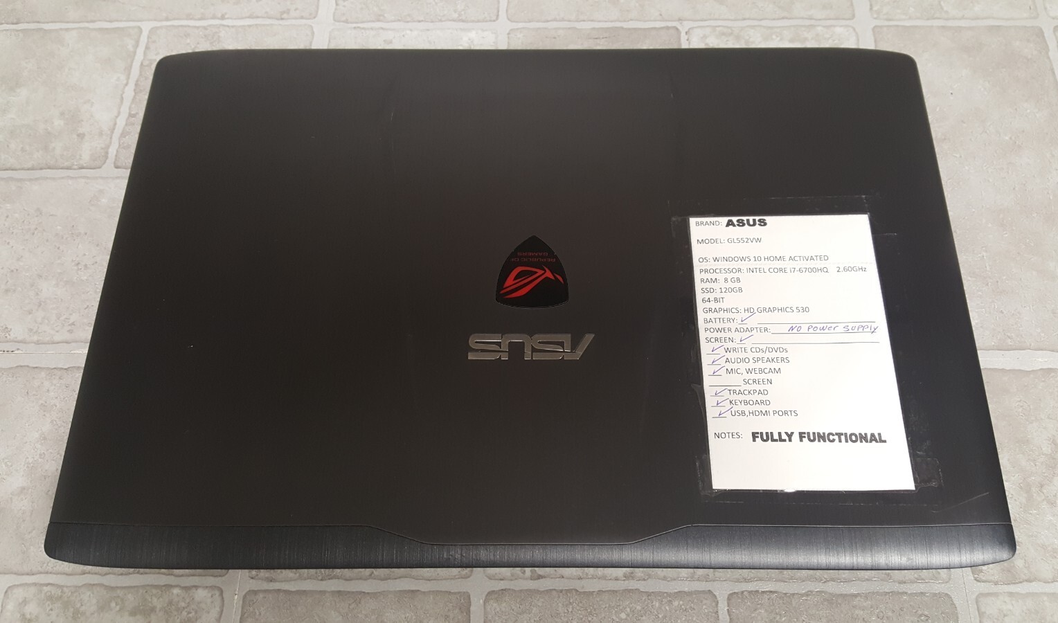 Asus GL552VW Gaming Laptop, Intel core I7-6700HQ CPU @2.6Hz 8GB RAM