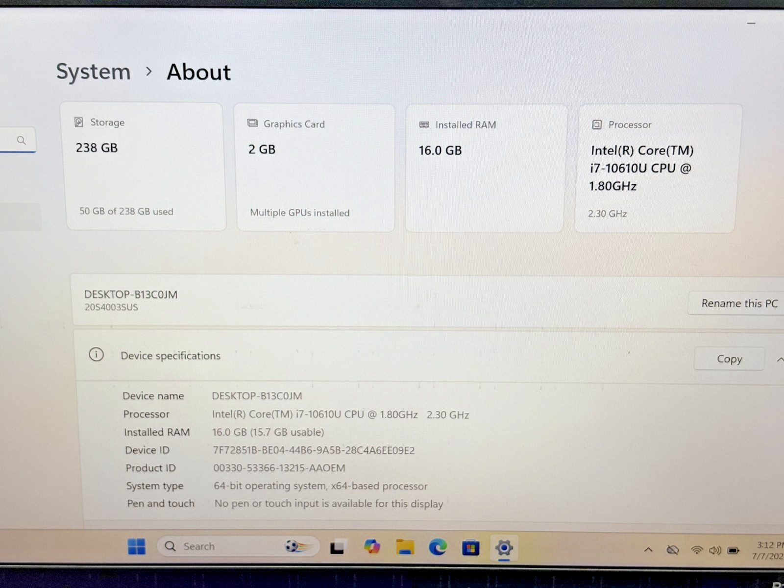 Lenovo ThinkPad P14s G. 1 Intel i7-10th Gen 1.80GHz 16GB RAM 256GB SSD W 11 Pro*