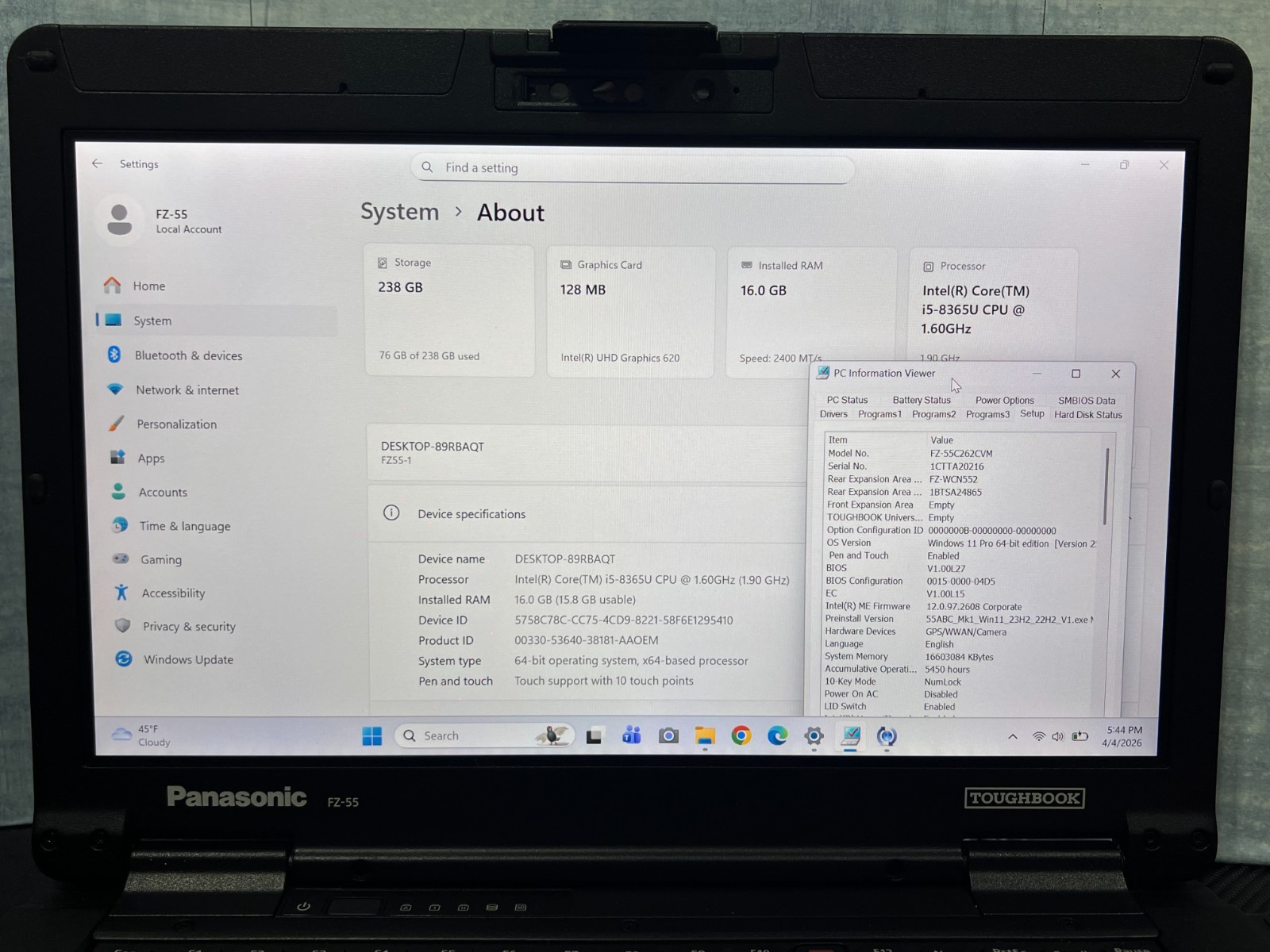 FZ-55C262CVM i5-8365U, 512GB NVMe OPAL,16GB Mem,VGA,HDMI, GPS, Touchscreen,Win11