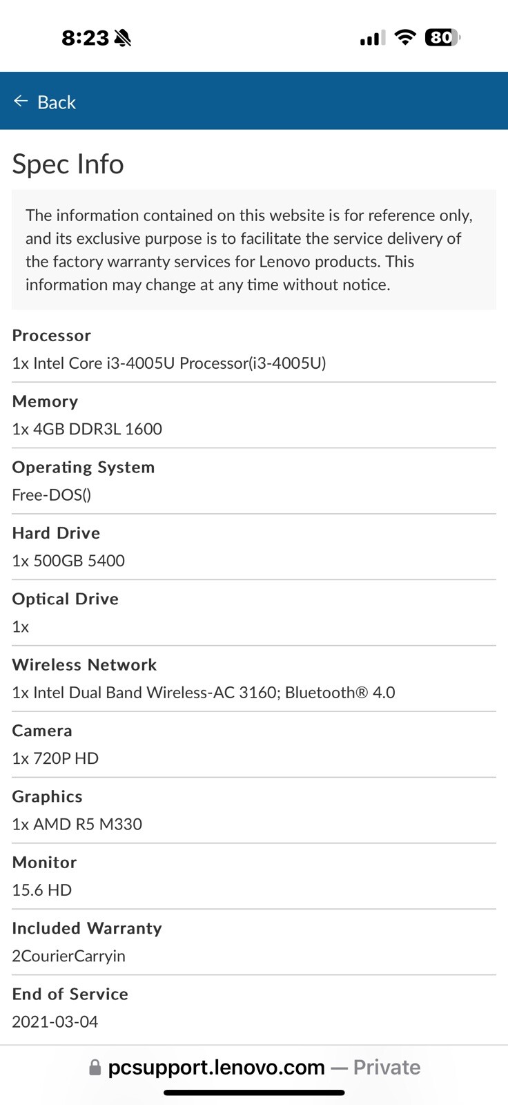 Working LENOVO G50-80 15.6in Screen 590GB HD 4 GB RAM i3-4005U For Parts Repair