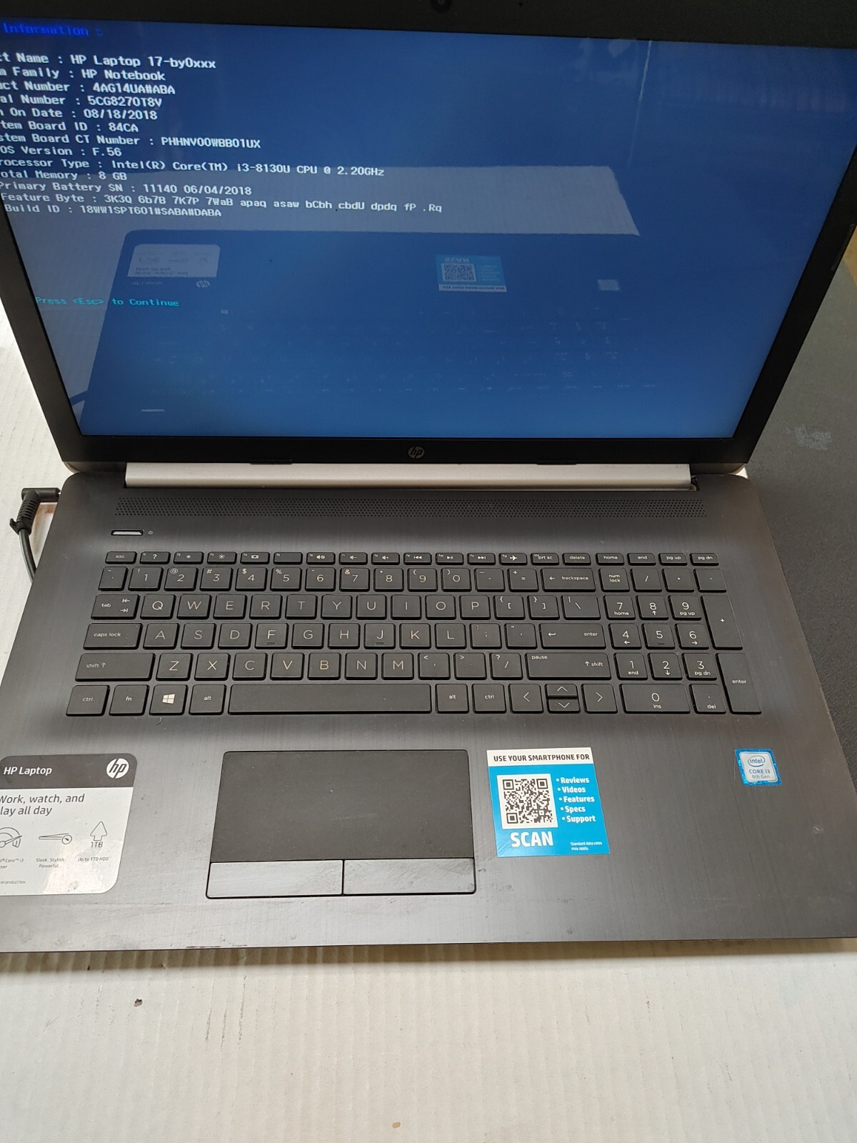 HP 17-by0xxx Core i3-8130U@ 2.20GHz , NO RAM ,NO HD , Bad screen ,for parts only