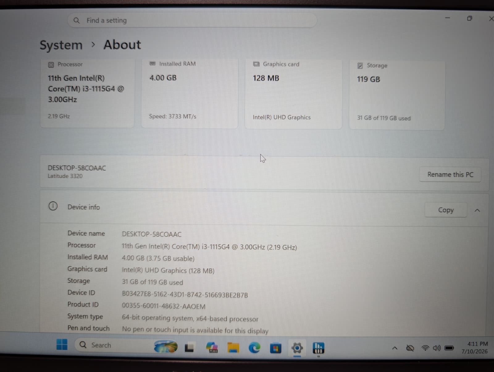 Dell Latitude 3320 | i3 11th Gen 4GB RAM 128GB NVMe SSD | FHD Windows 11 Pro |