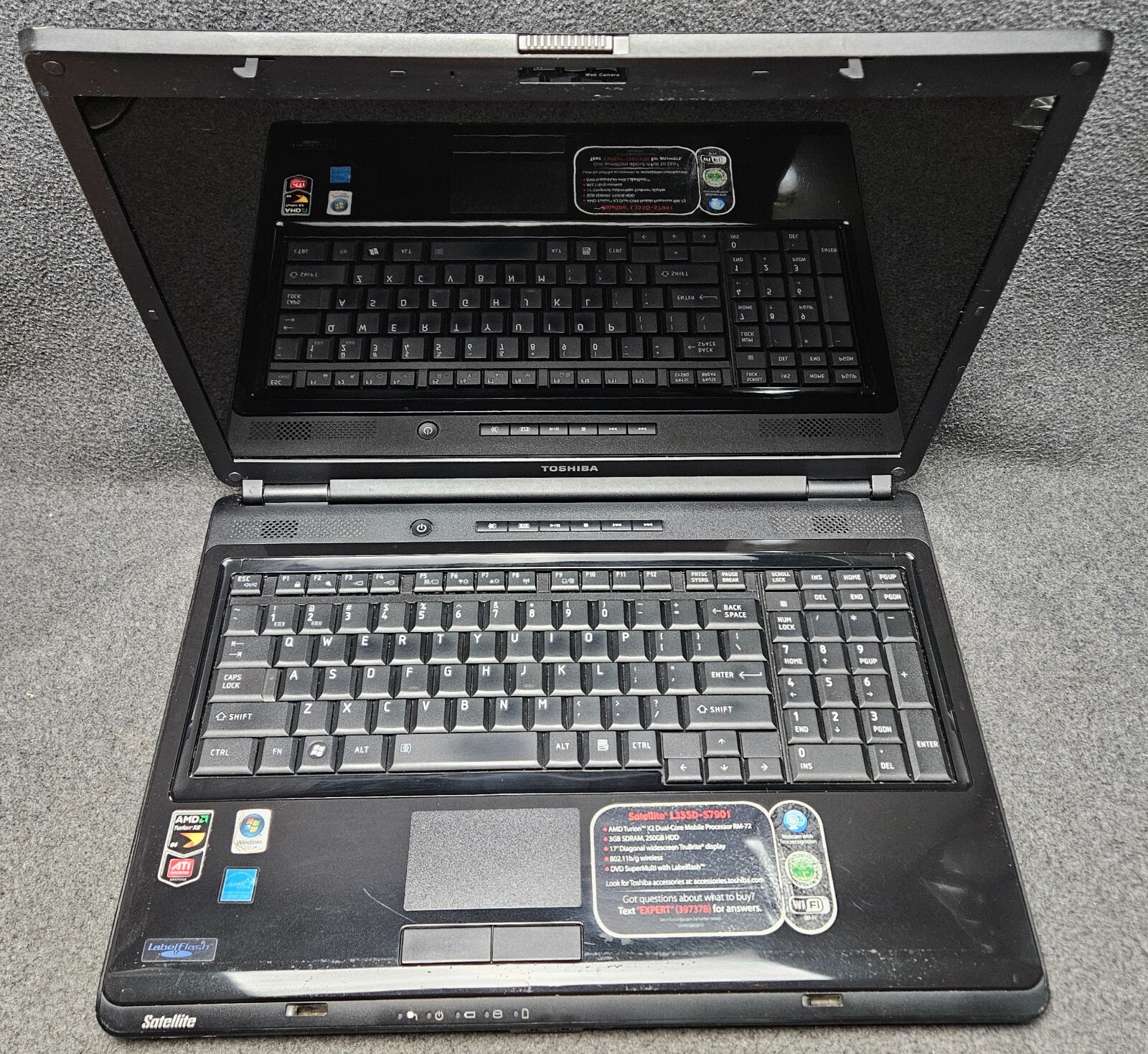 17.1” Toshiba Satellite L355D-S7901 Laptop w/ Power Supply – For Parts/Salvage