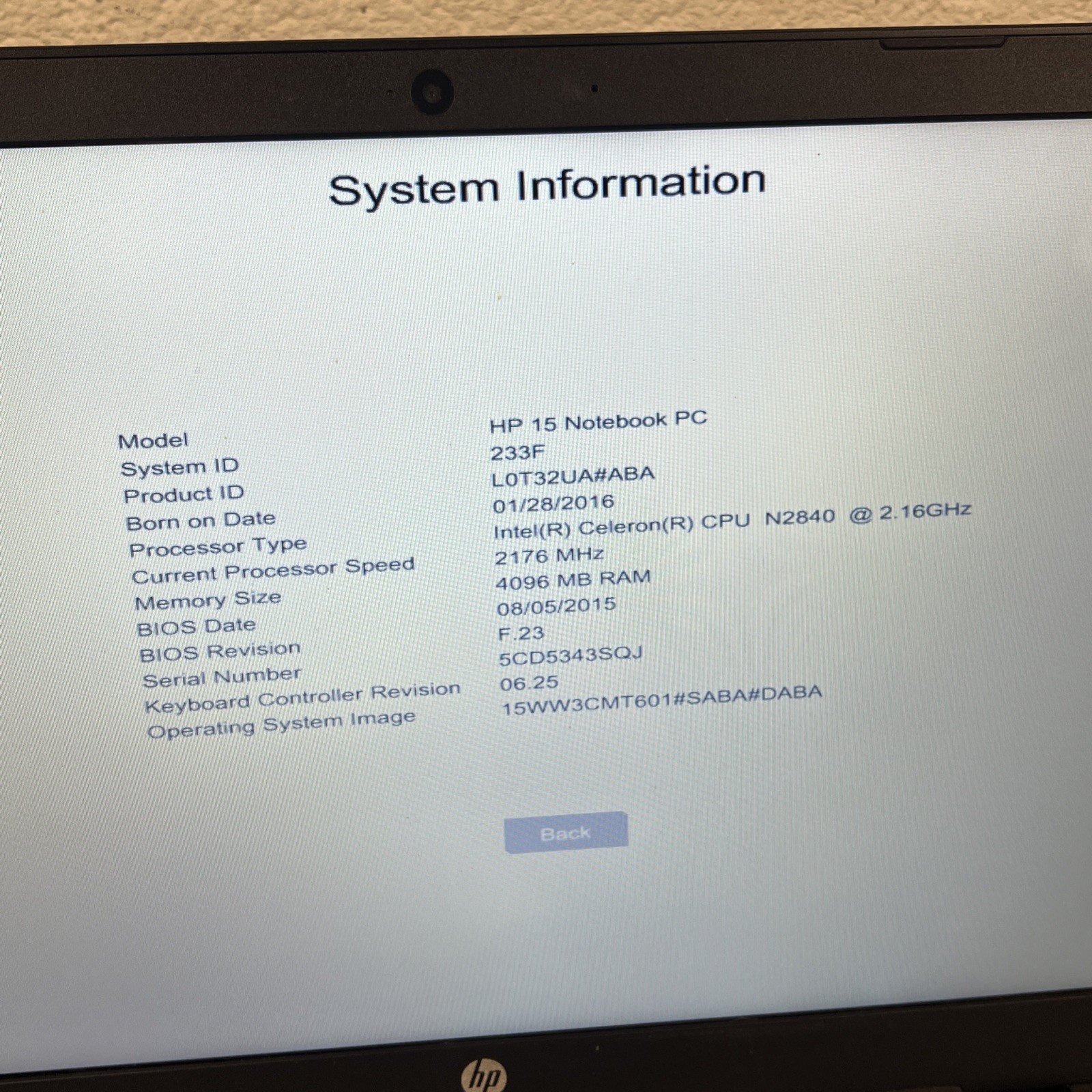 HP 15-f211wm Celeron N2840 2.16GHz 4GB RAM (No HDD, No Battery)