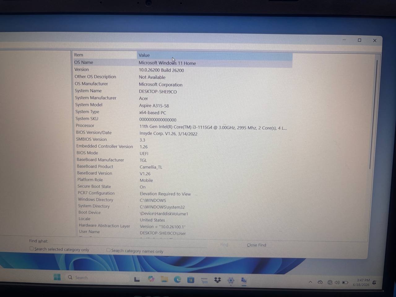 Acer A315-58-34DA Aspire 15.6″ FHD i3-1115G4 3GHz 128GB SSD 4GB RAM PH9