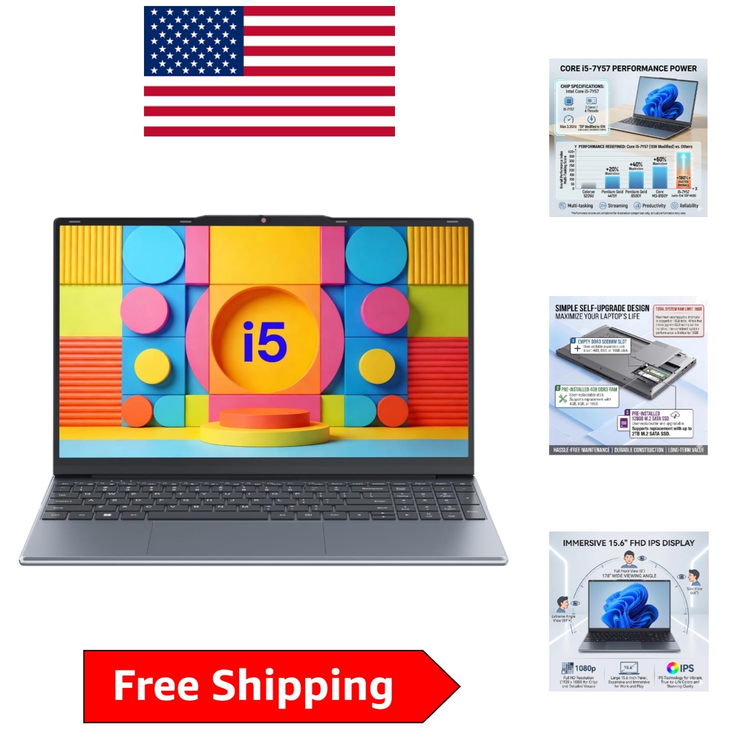 Lightweight 15.6” Laptop with 2MP Privacy Camera and Expandable Storage