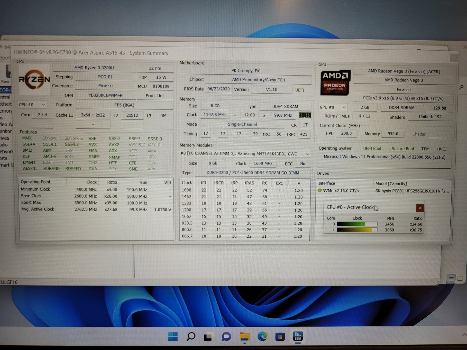 Acer Aspire A515-43 15.6″ Ryzen 3 3200u 2.6ghz 8gb ram 256gb ssd w11p 3113E53400