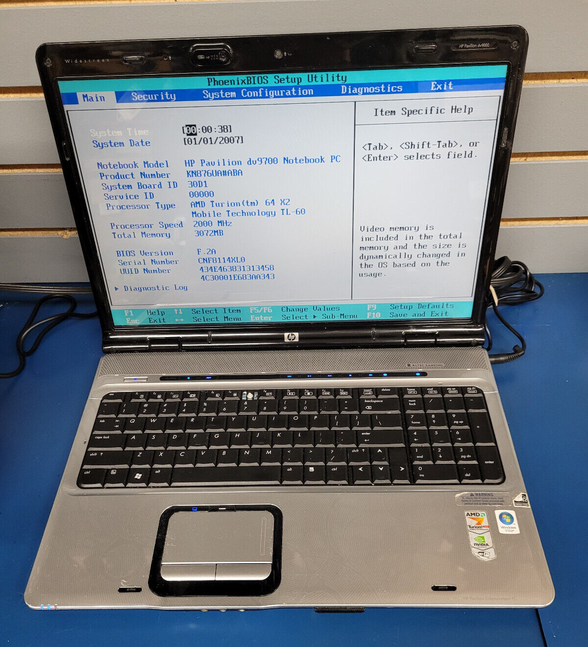 HP DV9812US Laptop AMD TURION 64 X2 @2.00 GHz 3GB RAM NO HDD